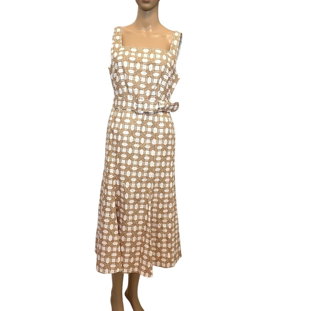 Chic Geometric Print Sleeveless Midi Dress with Belt Square Neckline‎